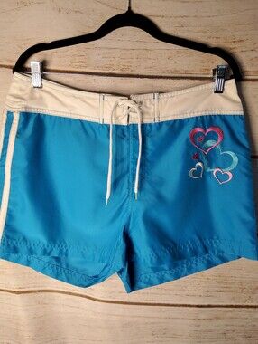 No Boundaries Blue Swim Shorts with Cream Waistband and Heart Embroidery